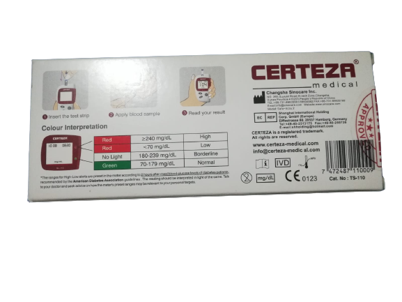 Certeza Glucose test Strips Box Back